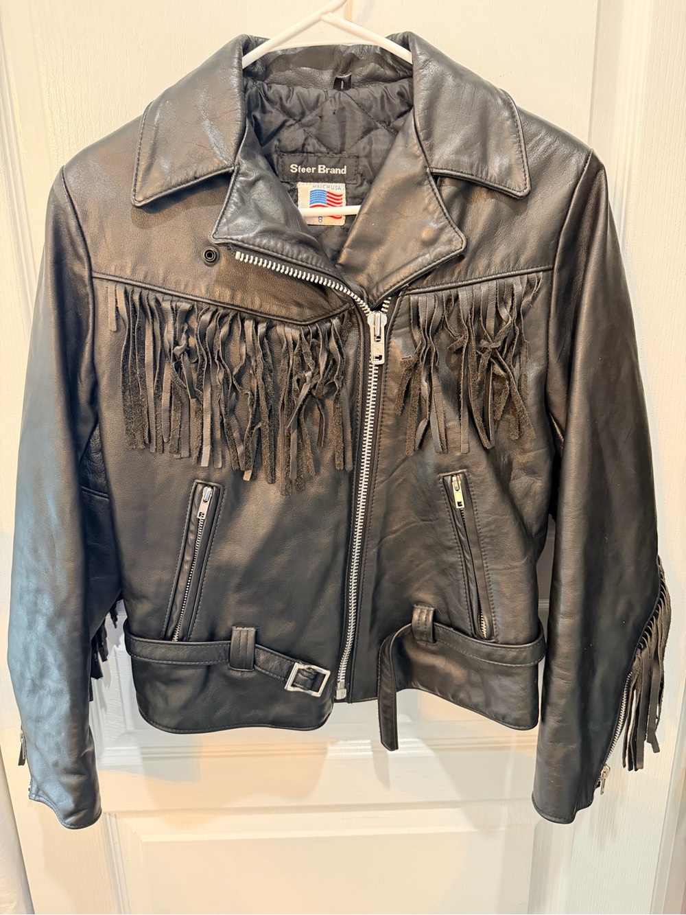 Vintage Steer Brand Black Leather Fringe Biker Jacket